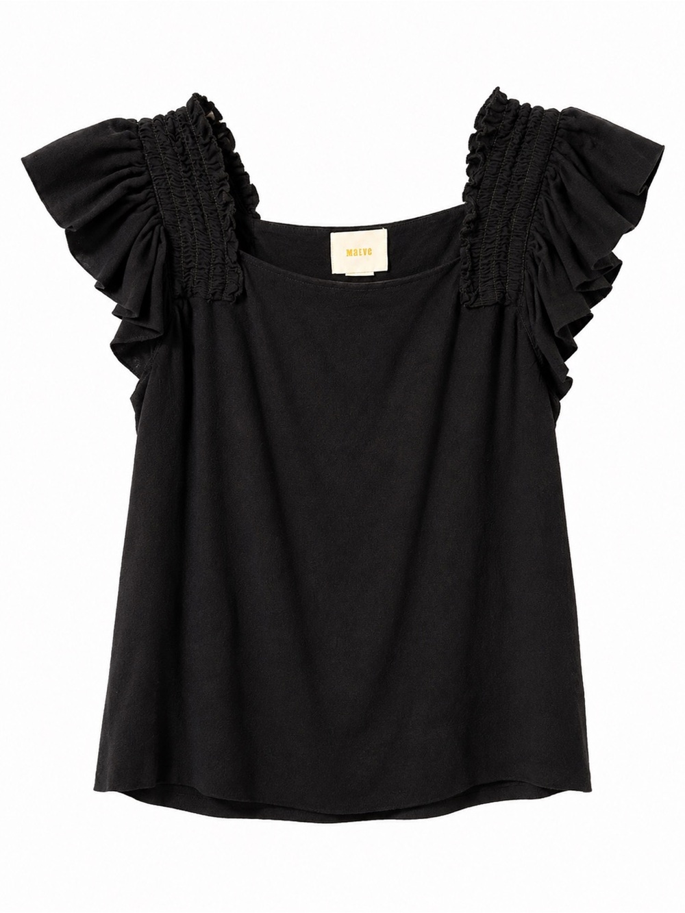 Maeve Anthropologie Black Ruffle Smocked Shoulder Blouse Size XS